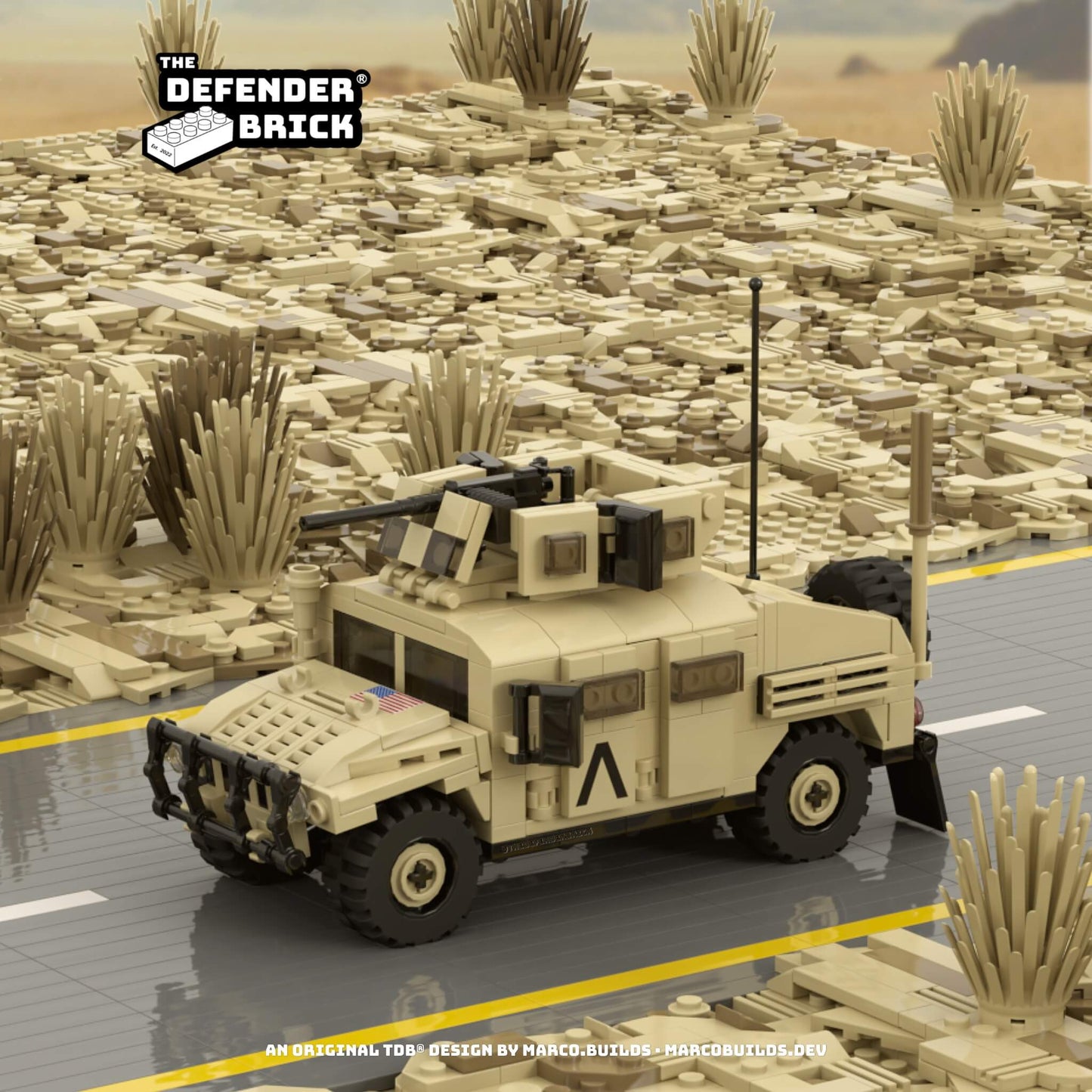 Desert Armoured Carrier in a rocky desert diorama; tan military brick vehicle lifestyle hero shot.