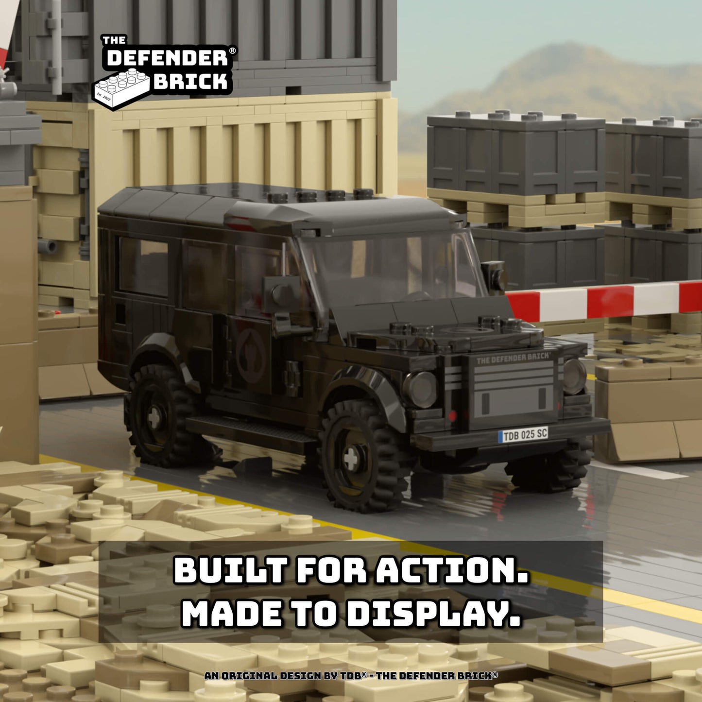 LEGO SC Rover SUV in a desert ops scene – premium custom kit with tactical design and display quality