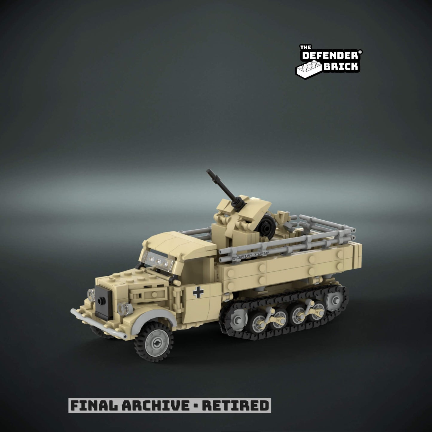 Custom LEGO WW2 half-tracked military vehicle model with anti-aircraft gun and custom UV printed parts on a dark background with 'The Defender Brick' branding.