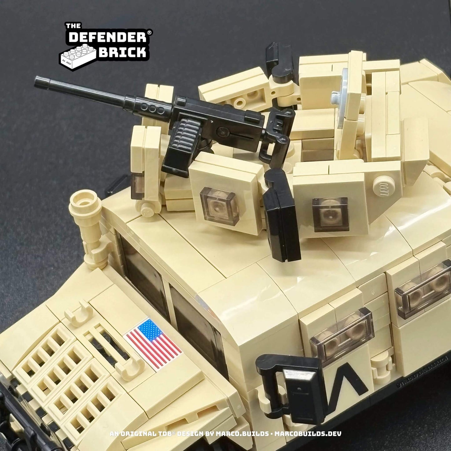 Close-up of turret, hood and UV-printed flag tile on the Desert Armoured Carrier — tan custom LEGO® kit.