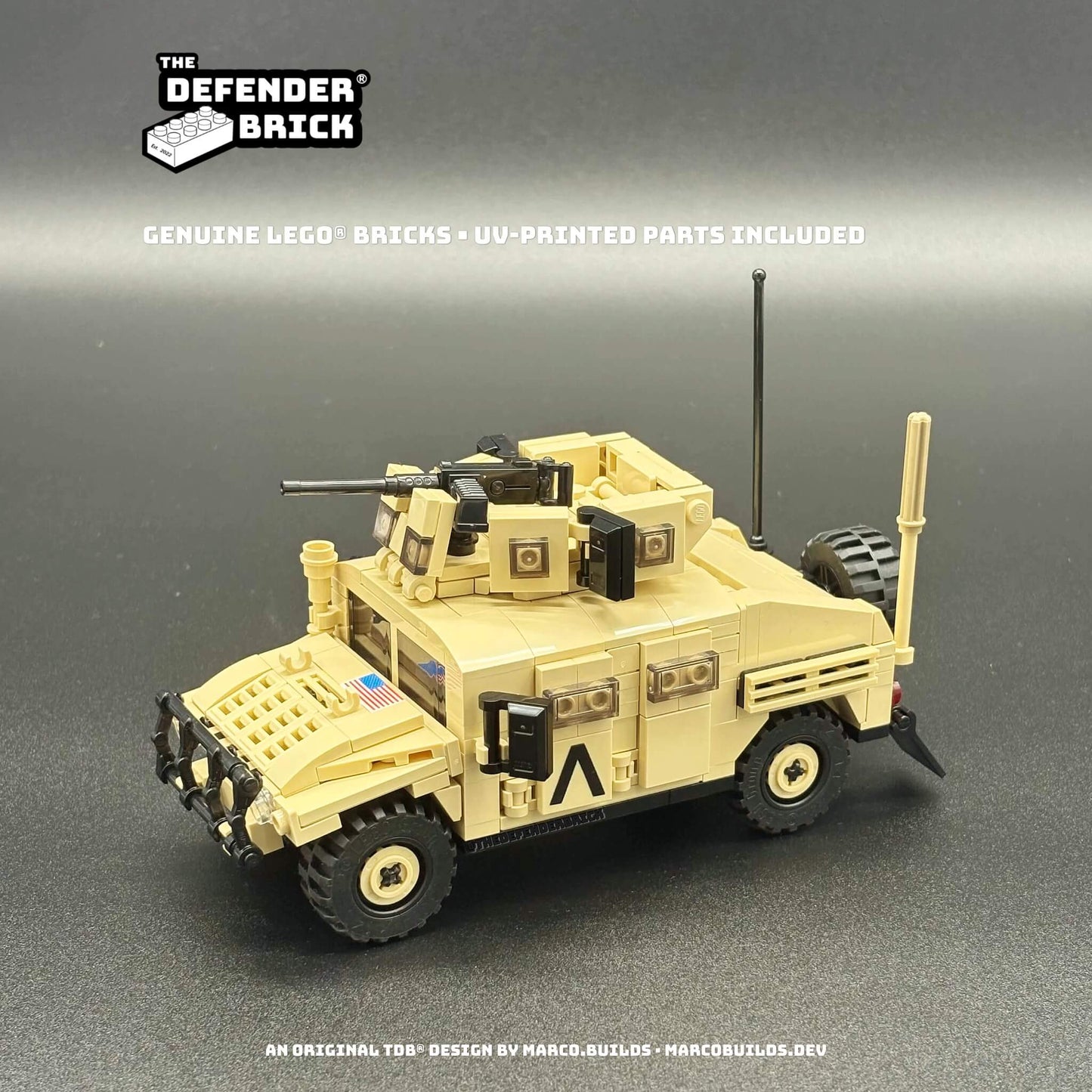 Desert Armoured Carrier front three-quarter real photo — tan custom LEGO® military kit.