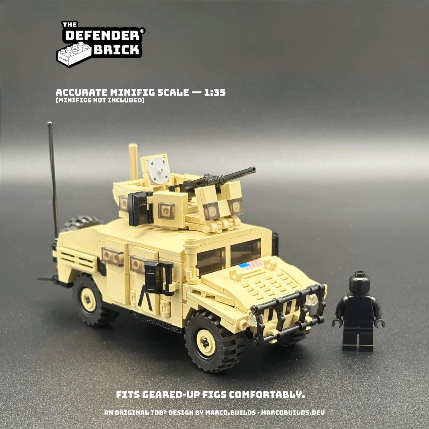 Desert Armoured Carrier next to a minifigure to show accurate 1:35 scale — fits geared-up figs.