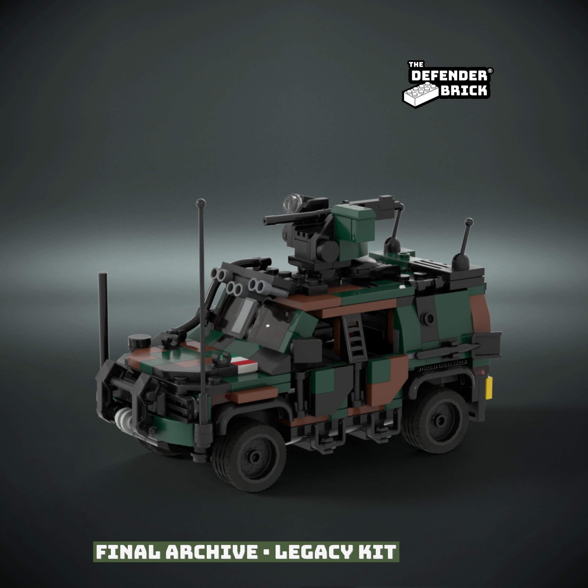 Lego military tactical vehicle 4x4 model on a dark background with 'The Defender Brick' branding.