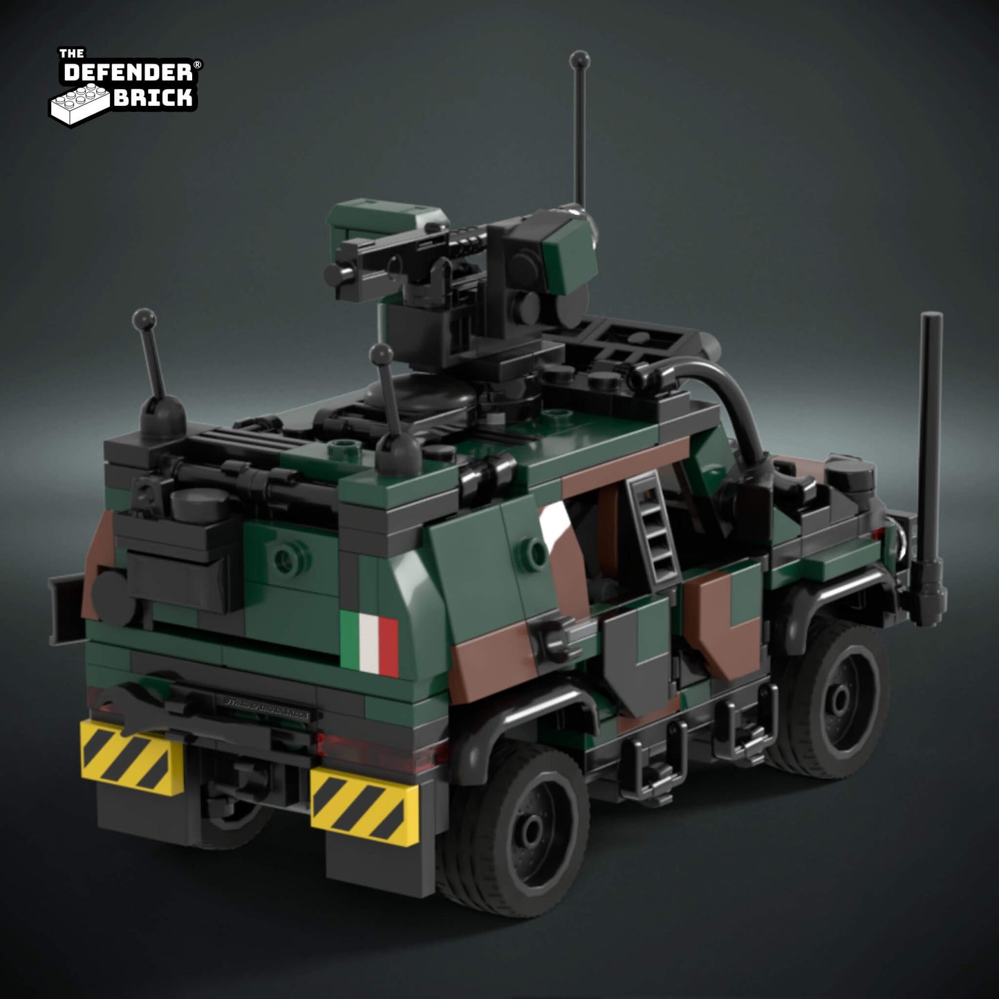 Lego military tactical vehicle 4x4 model on a dark background with 'The Defender Brick' branding.