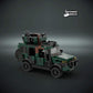 Lego scale model custom military vehicle model in army camouflage color with custom UV printed parts on a dark background with 'The Defender Brick' logo.