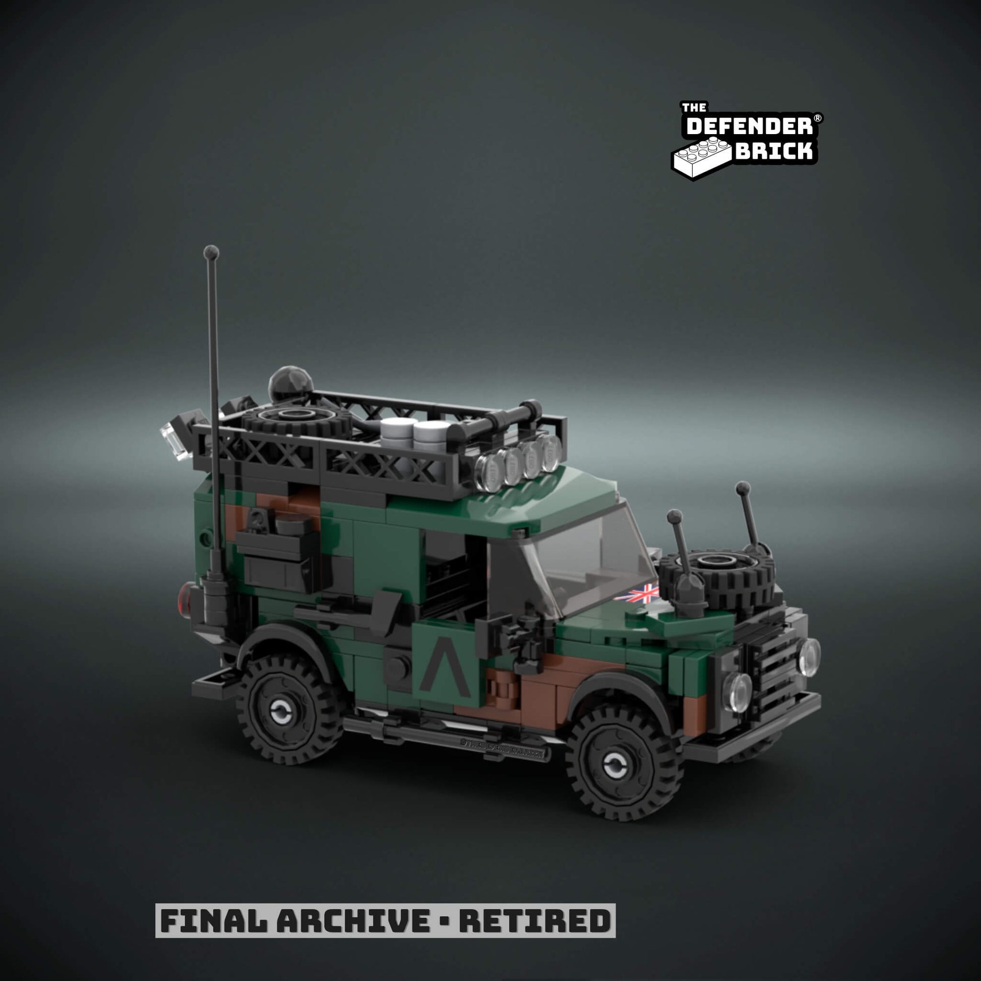 Lego truck scale model made from interlocking bricks on a dark background with 'The Defender Brick' branding.