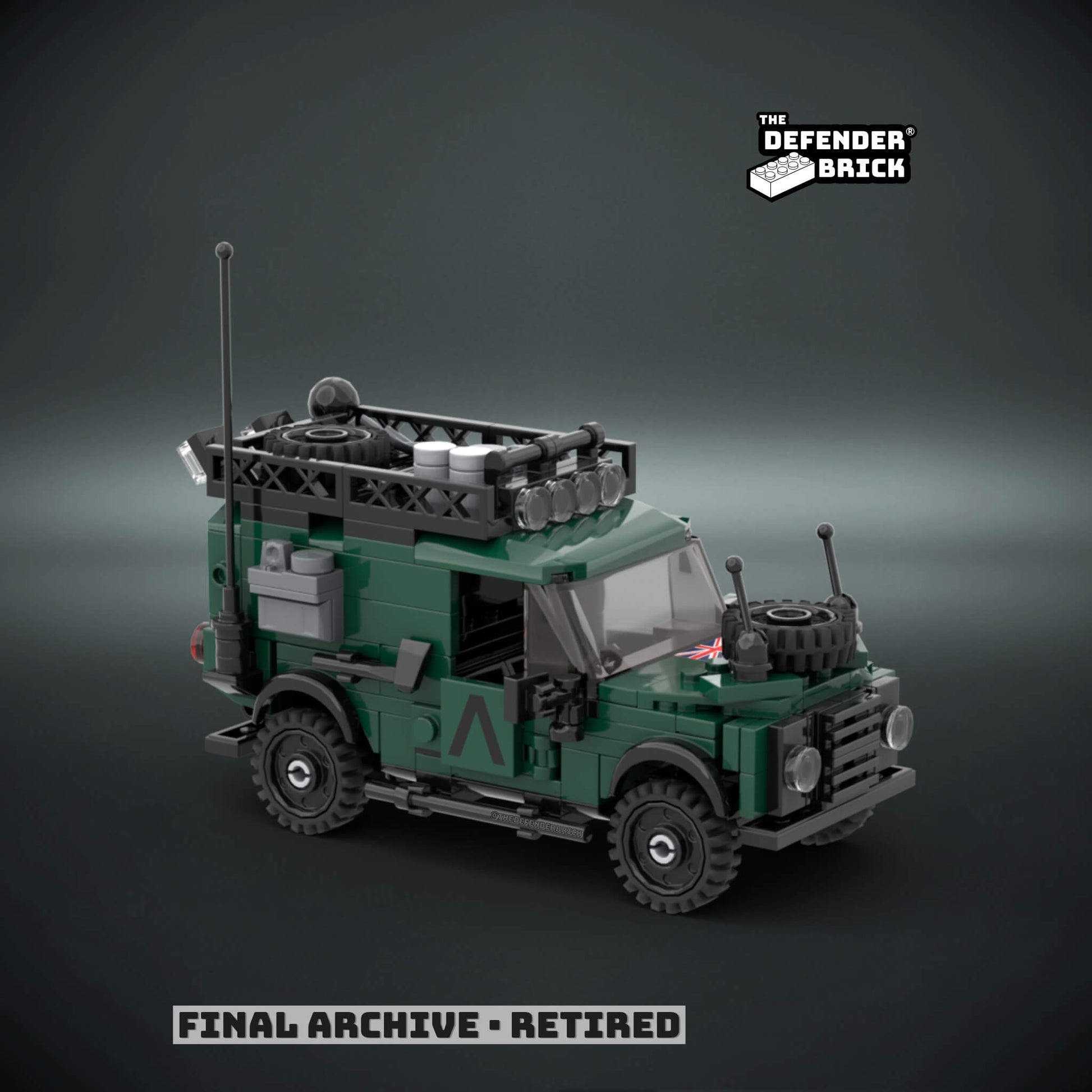 Lego scale model army green 4x4 tactical vehicle with custom UV printed parts, on a dark background with 'The Defender Brick' branding.