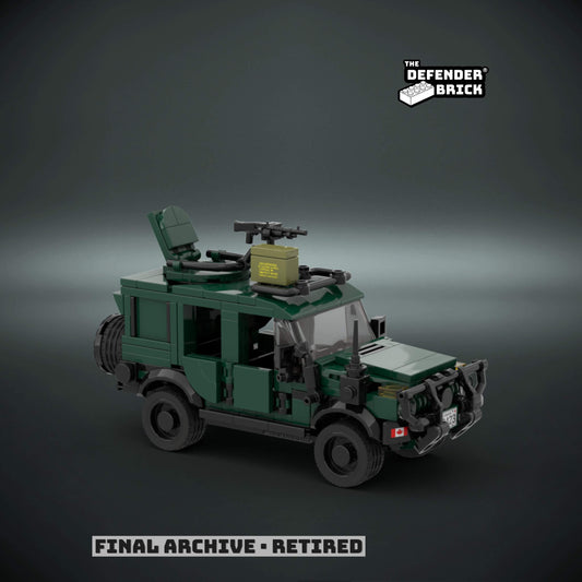 Lego scale model of a Canadian MB Wagon LUWV on a dark background with 'The Defender Brick' branding.