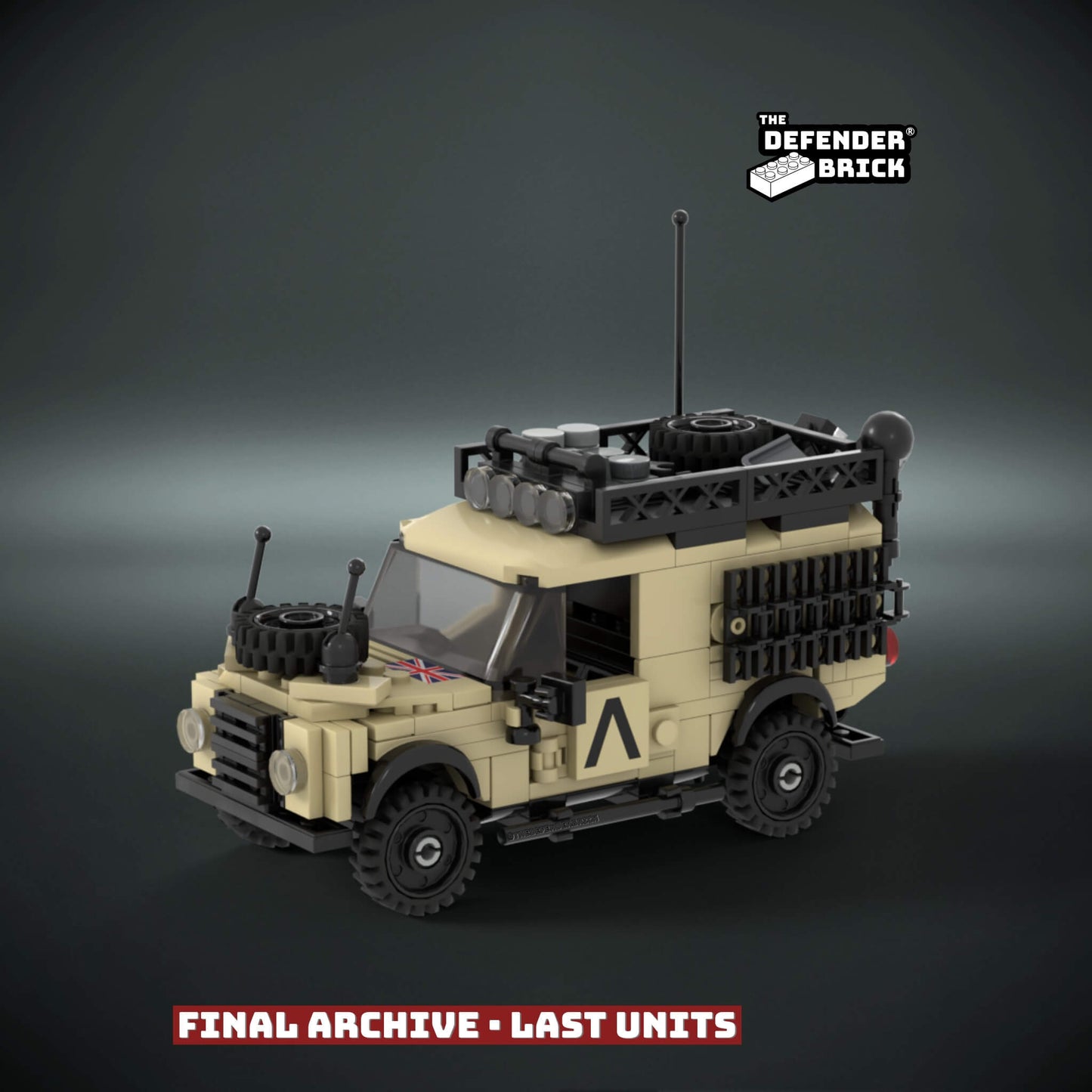 Lego Brick-built desert military vehicle model on a dark background with custom UV printed parts and 'The Defender Brick' branding.