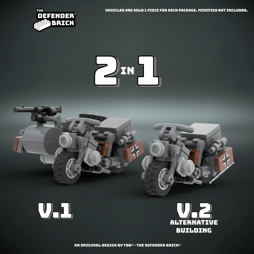WW2 german Lego motorcycle with sidecar scale model is a 2-in-1 build option – includes two instruction manuals