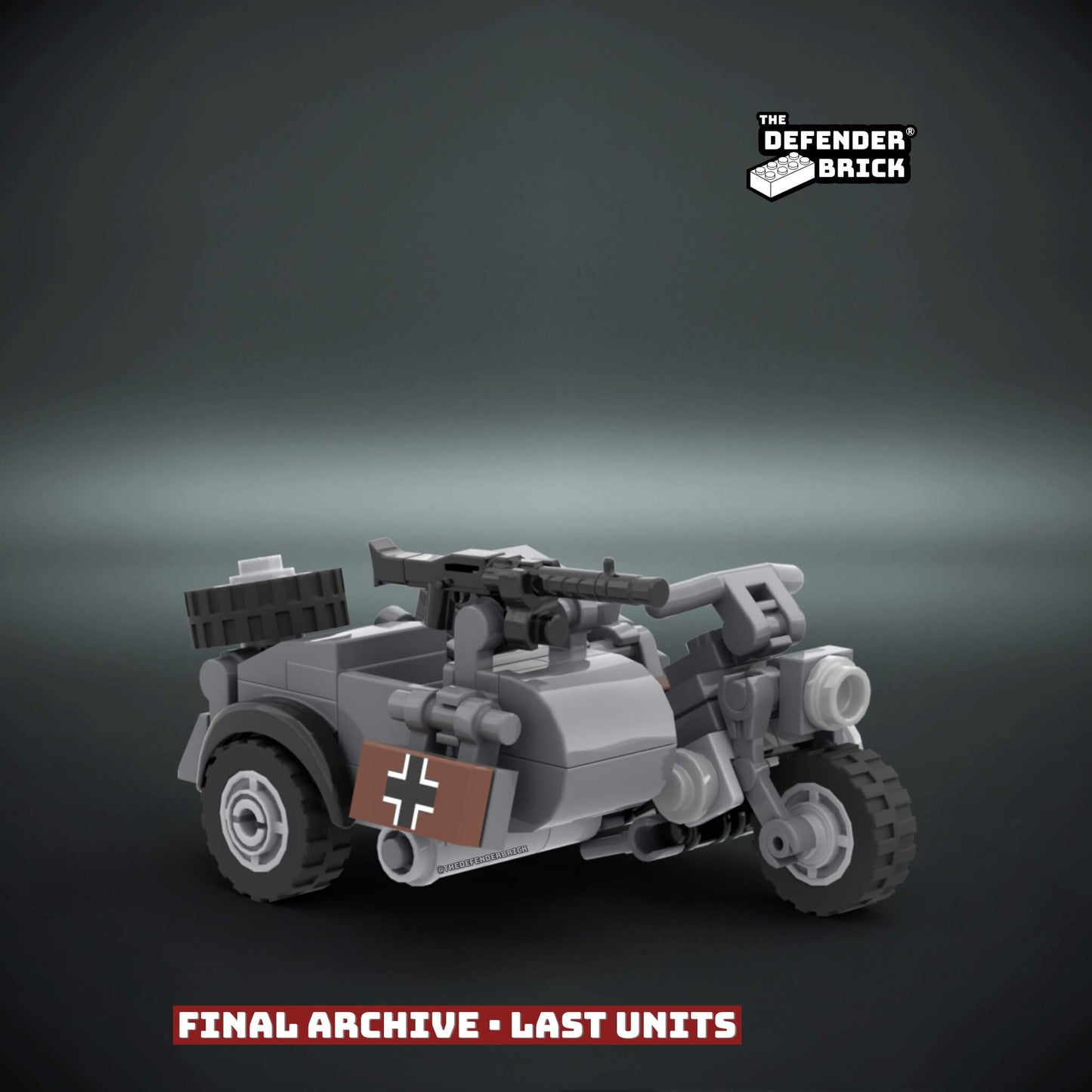WW2 german Lego motorcycle with sidecar scale model with custom UV printed parts and custom accessories, on a dark background with 'The Defender Brick' branding.