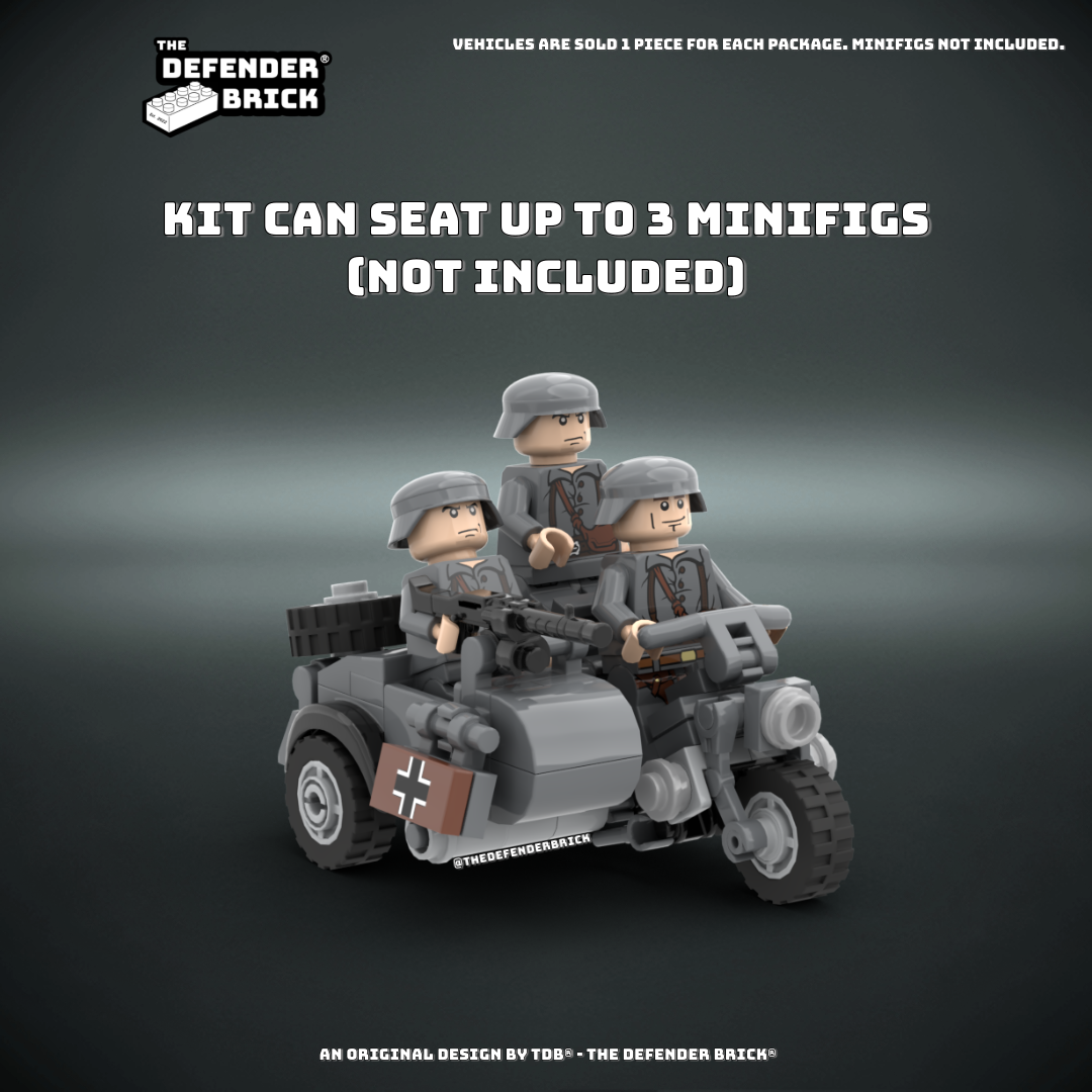 WW2 german Lego motorcycle with sidecar scale model fits up to 3 placeholder minifigures not included