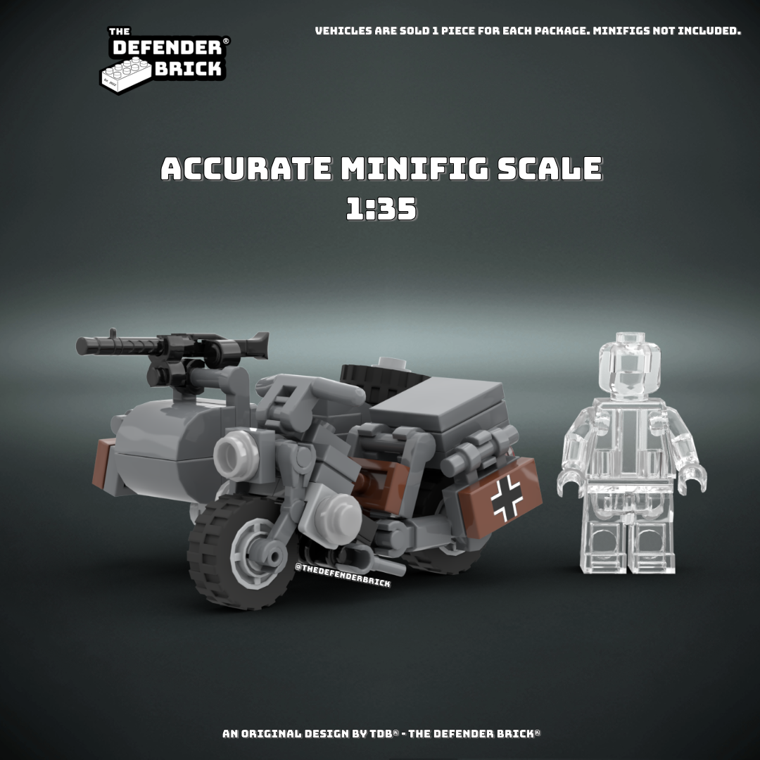 WW2 german Lego motorcycle with sidecar scale model size comparison with a placeholder transparent minifigure not included.
