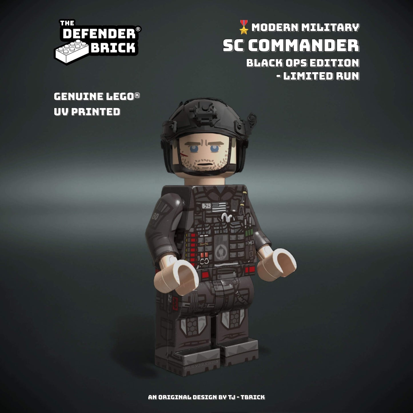 Front view of the TDB SC Commander Black Ops Edition minifigure with full tactical UV printing.
