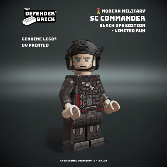 Front view of the TDB SC Commander Black Ops Edition minifigure with full tactical UV printing.