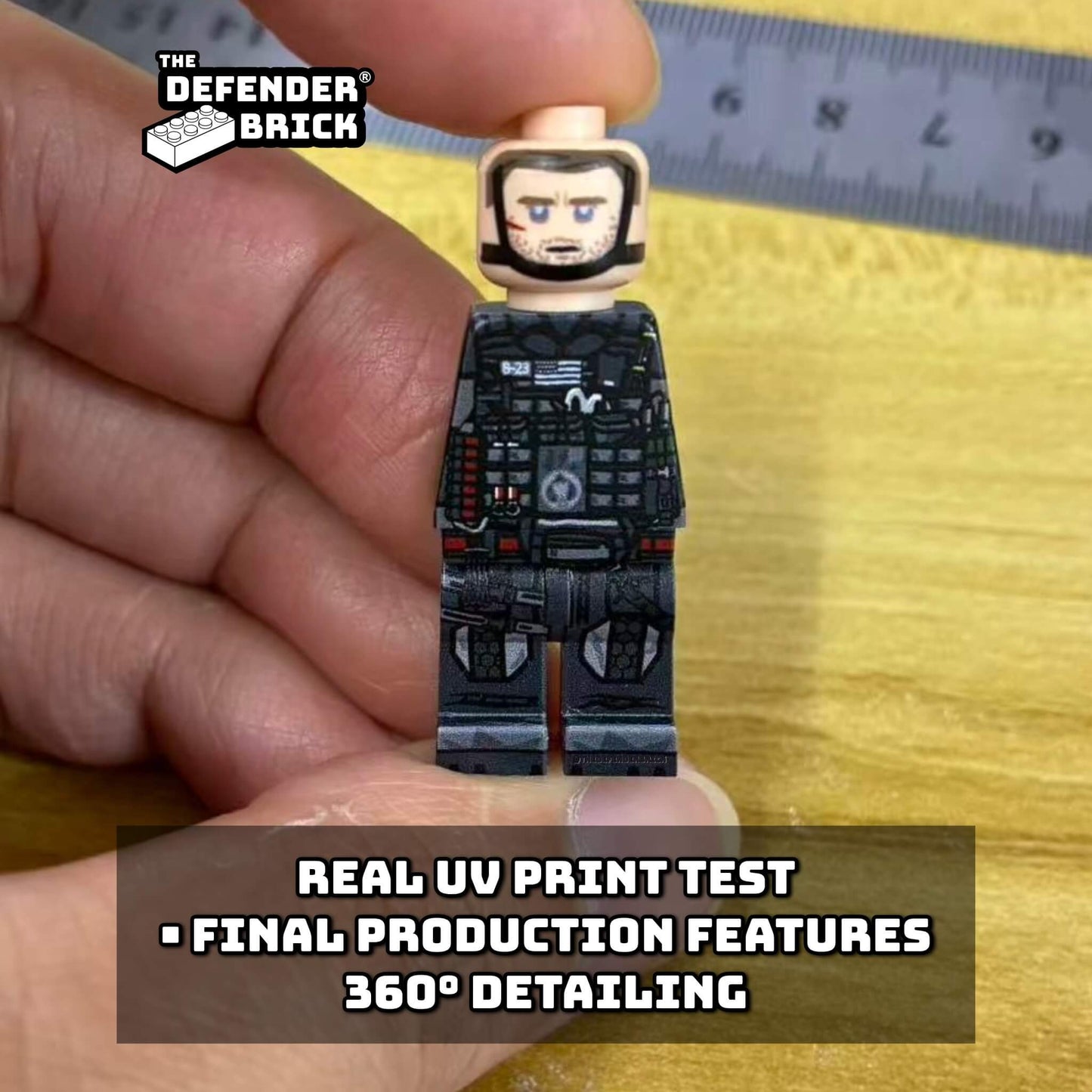 Real photo sample of the SC Commander minifigure showing authentic UV printing quality.