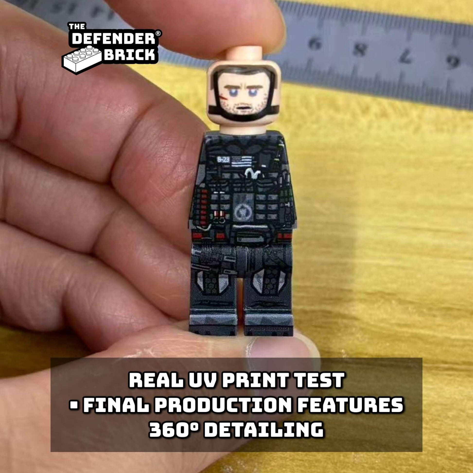 Real photo sample of the SC Commander minifigure showing authentic UV printing quality.