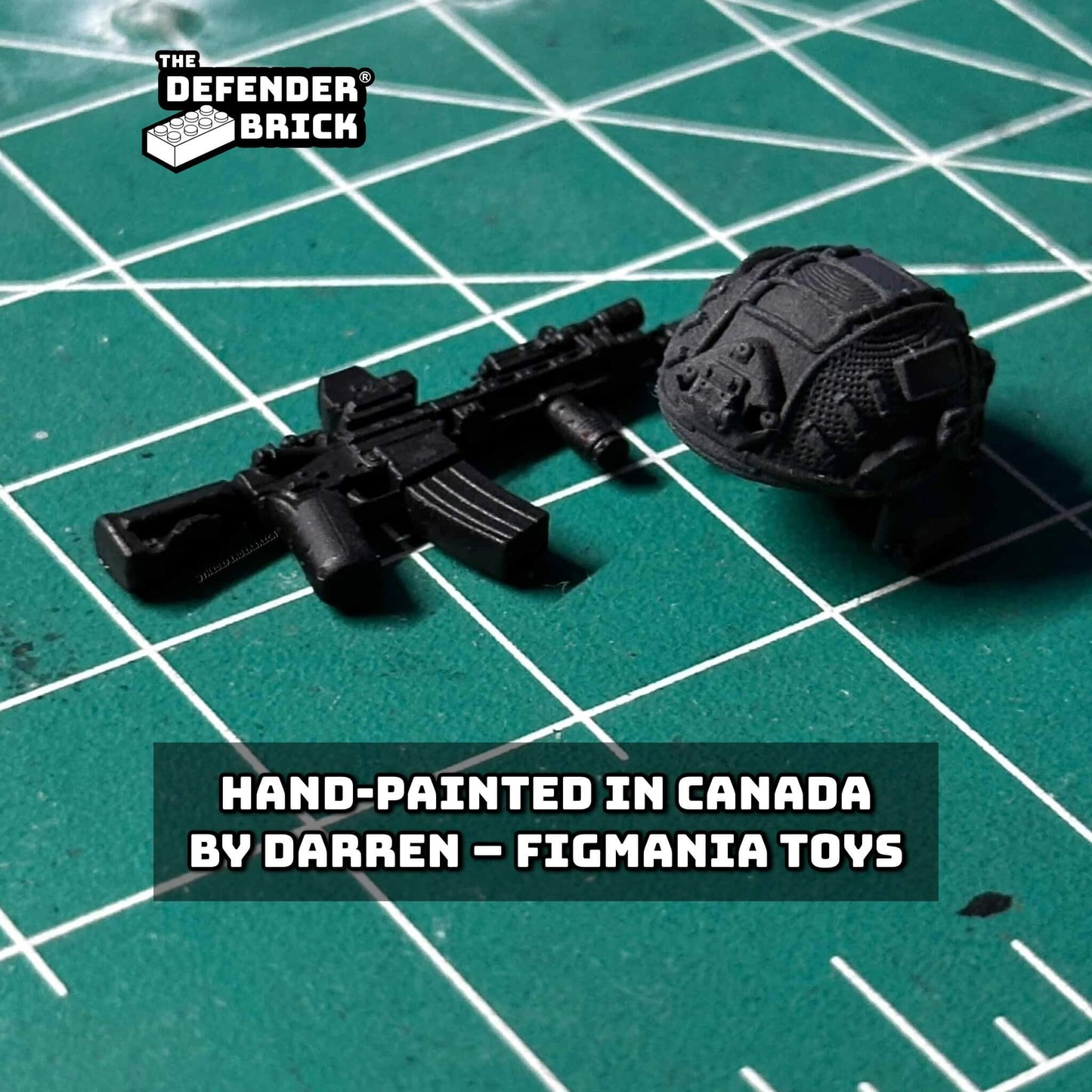 Hand-painted tactical helmet and rifle crafted in Canada for the SC Commander Black Ops Edition.