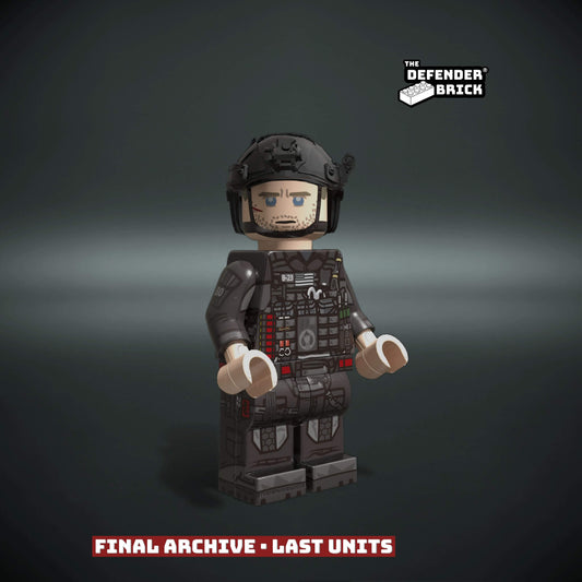 Front view of the TDB SC Commander Black Ops Edition minifigure with full tactical UV printing.