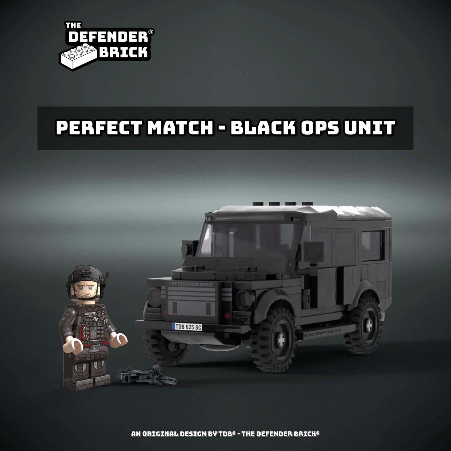 SC Commander minifigure displayed next to the SC Rover SUV – perfect Black Ops unit pairing for collectors.
