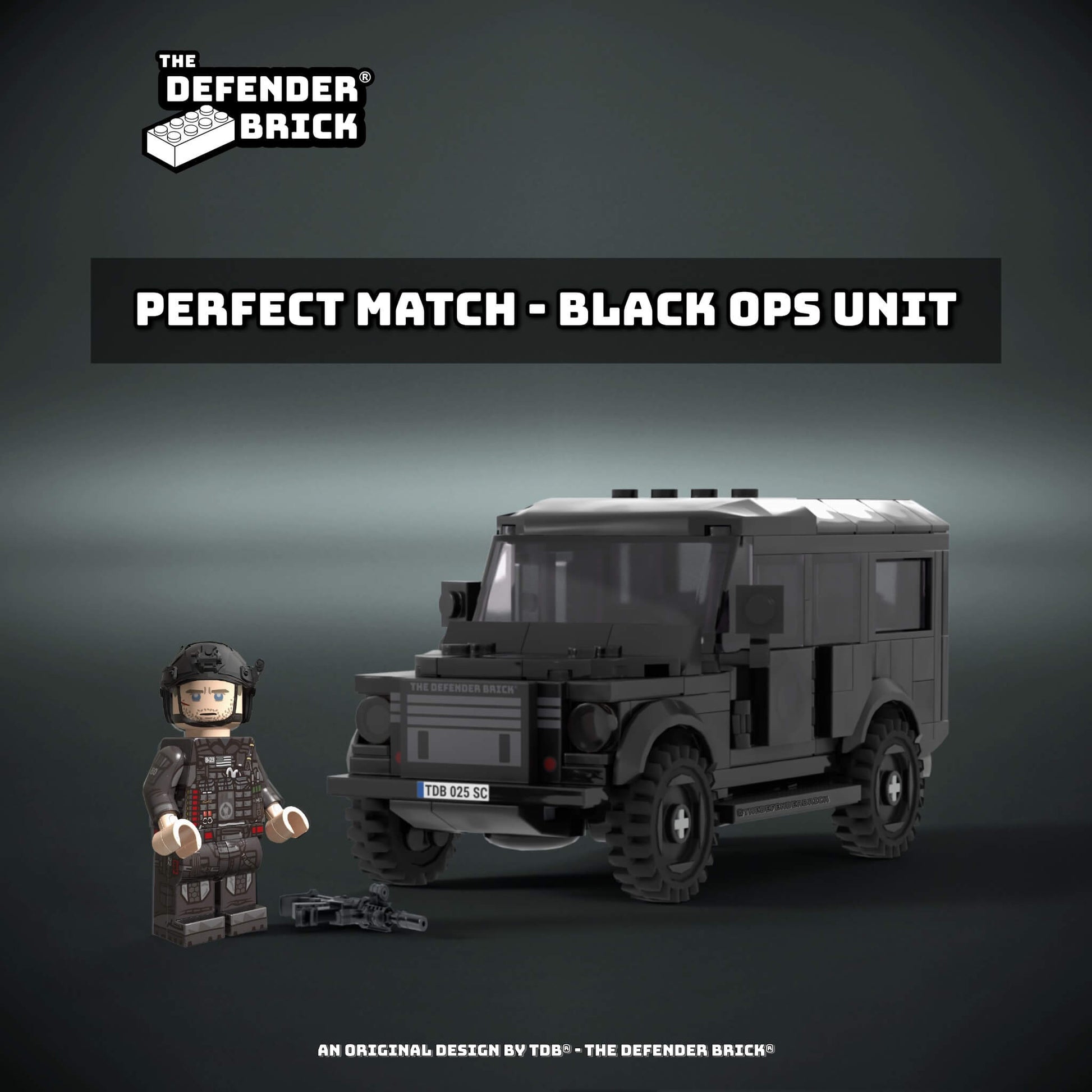 SC Commander minifigure displayed next to the SC Rover SUV – perfect Black Ops unit pairing for collectors.
