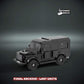 Brick-built black tactical SUV model with custom printed elements, made from genuine LEGO parts on dark background.