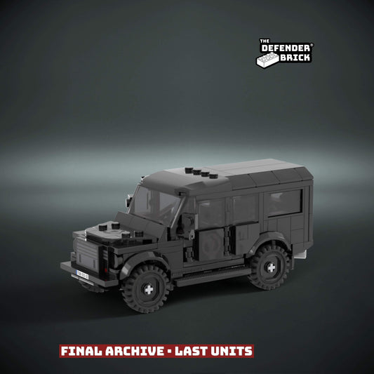 Brick-built black tactical SUV model with custom printed elements, made from genuine LEGO parts on dark background.
