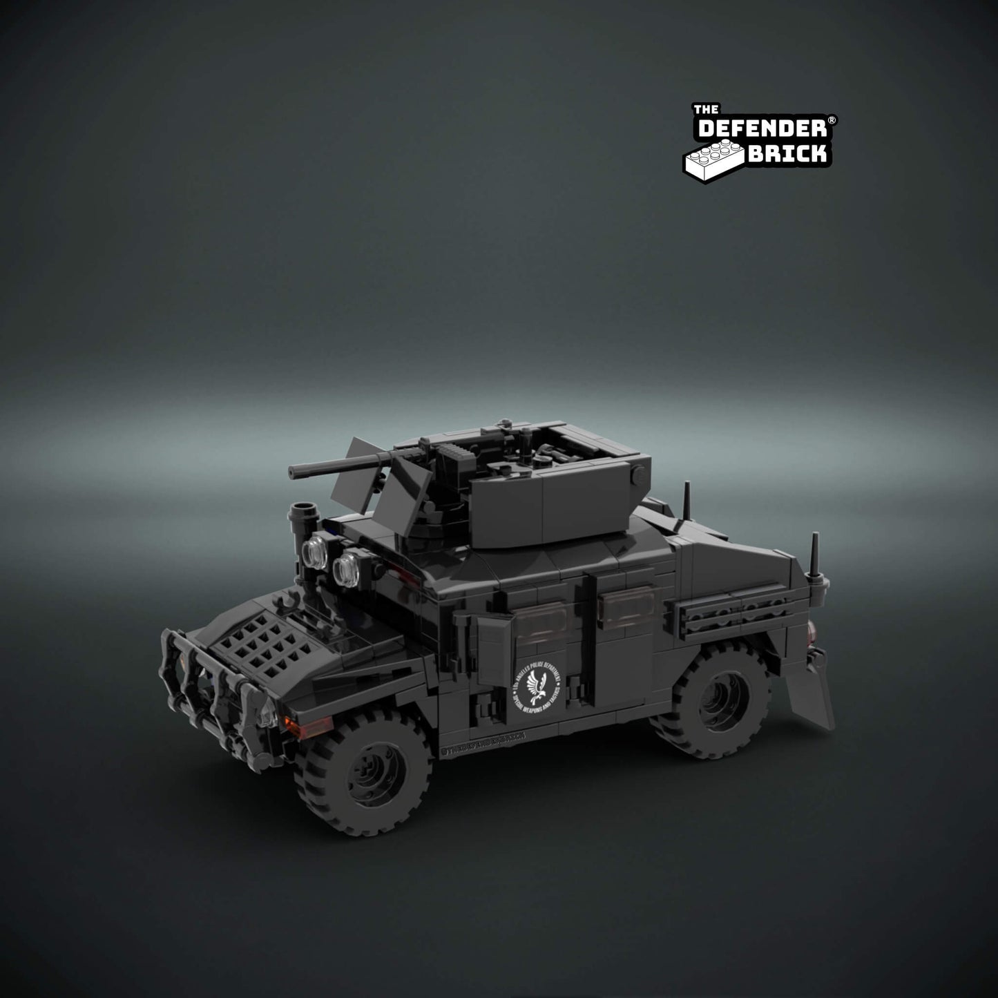 Custom Lego SWAT police vehicle model on a dark background with 'The Defender Brick' logo.