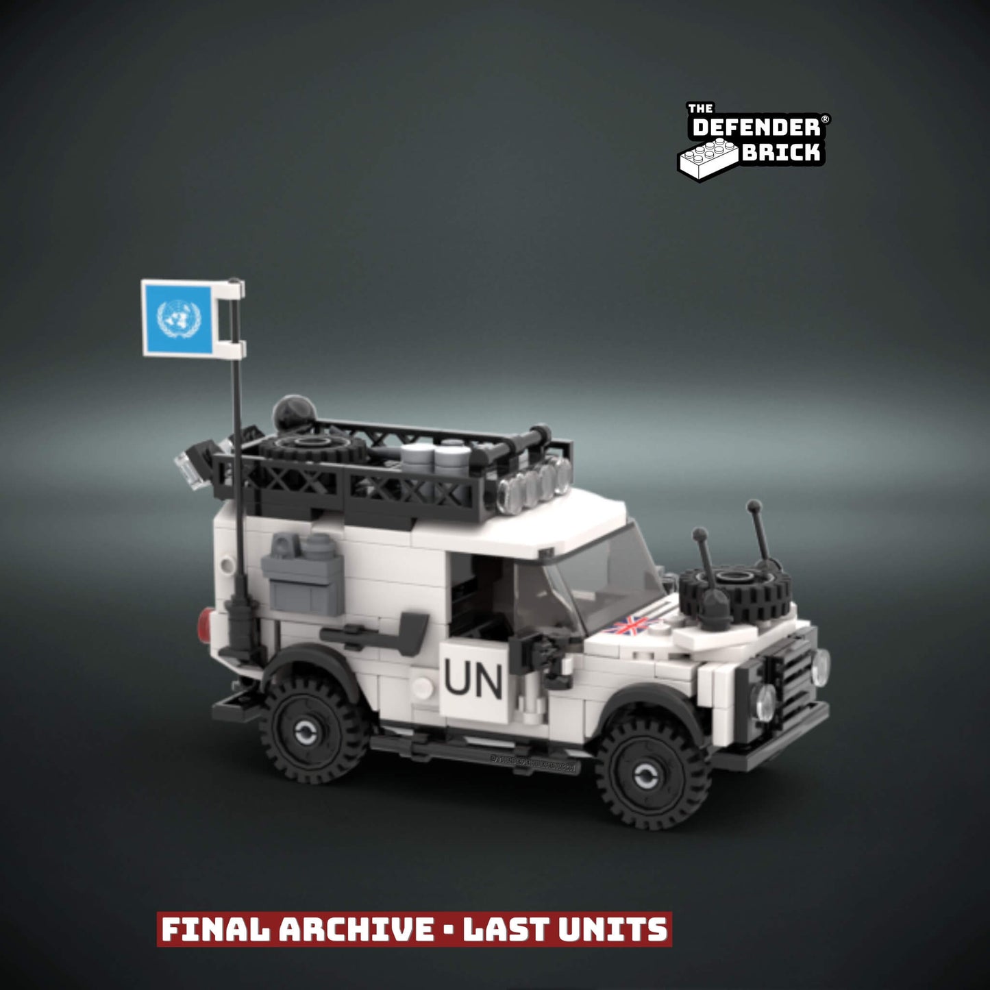 Lego scale Model of a UN 4x4 tactical vehicle with a blue flag and custom UV printed parts, on a dark background, featuring 'The Defender Brick' branding.