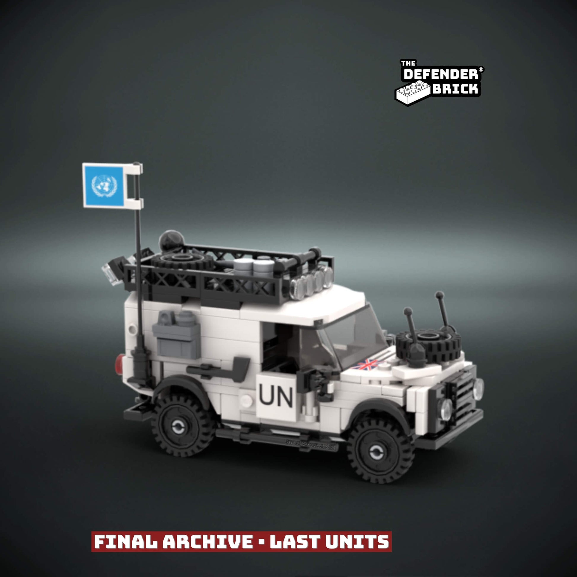 Lego scale Model of a UN 4x4 tactical vehicle with a blue flag and custom UV printed parts, on a dark background, featuring 'The Defender Brick' branding.