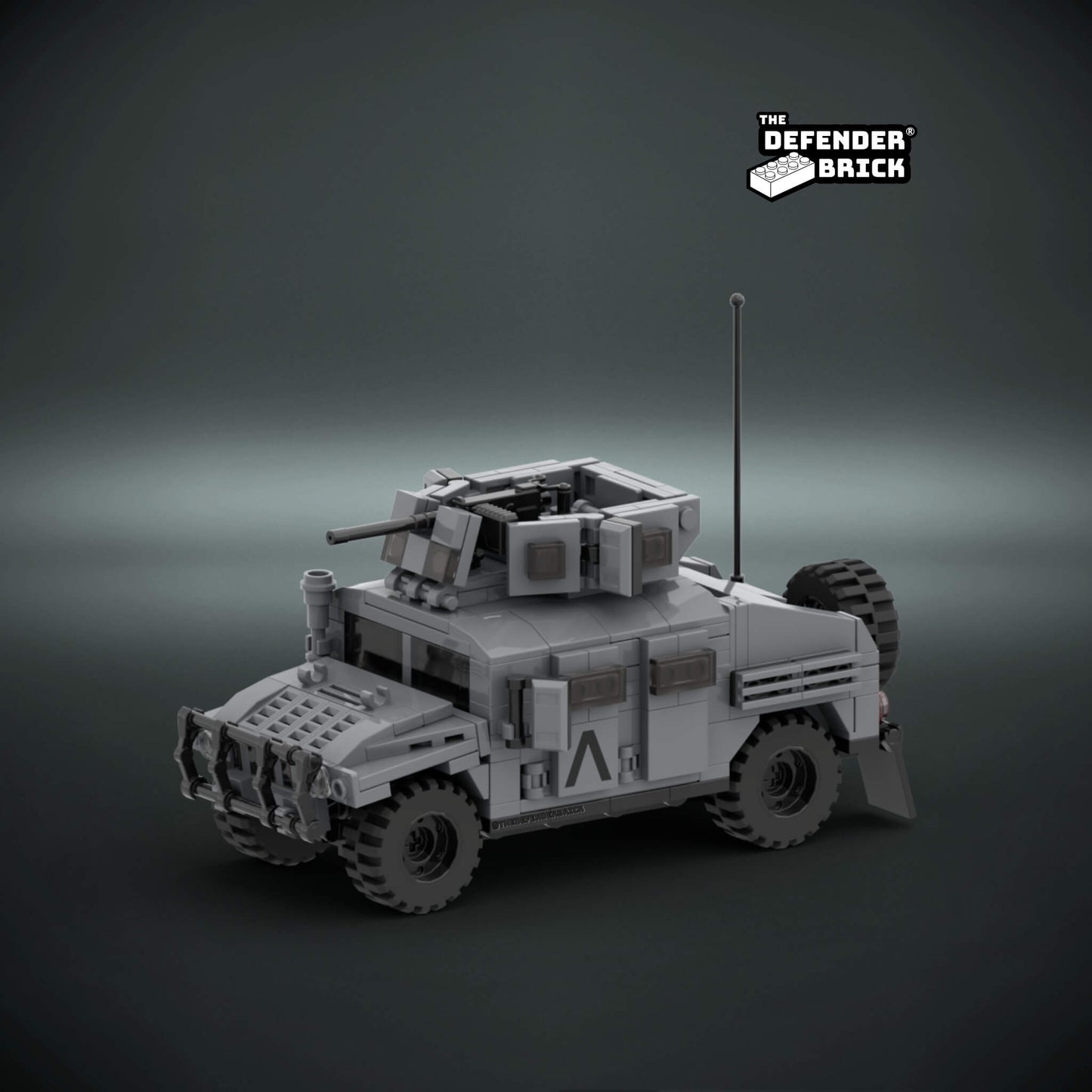 Custom LEGO military Armoured vehicle model on a dark background with custom UV printed parts and 'The Defender Brick' logo.