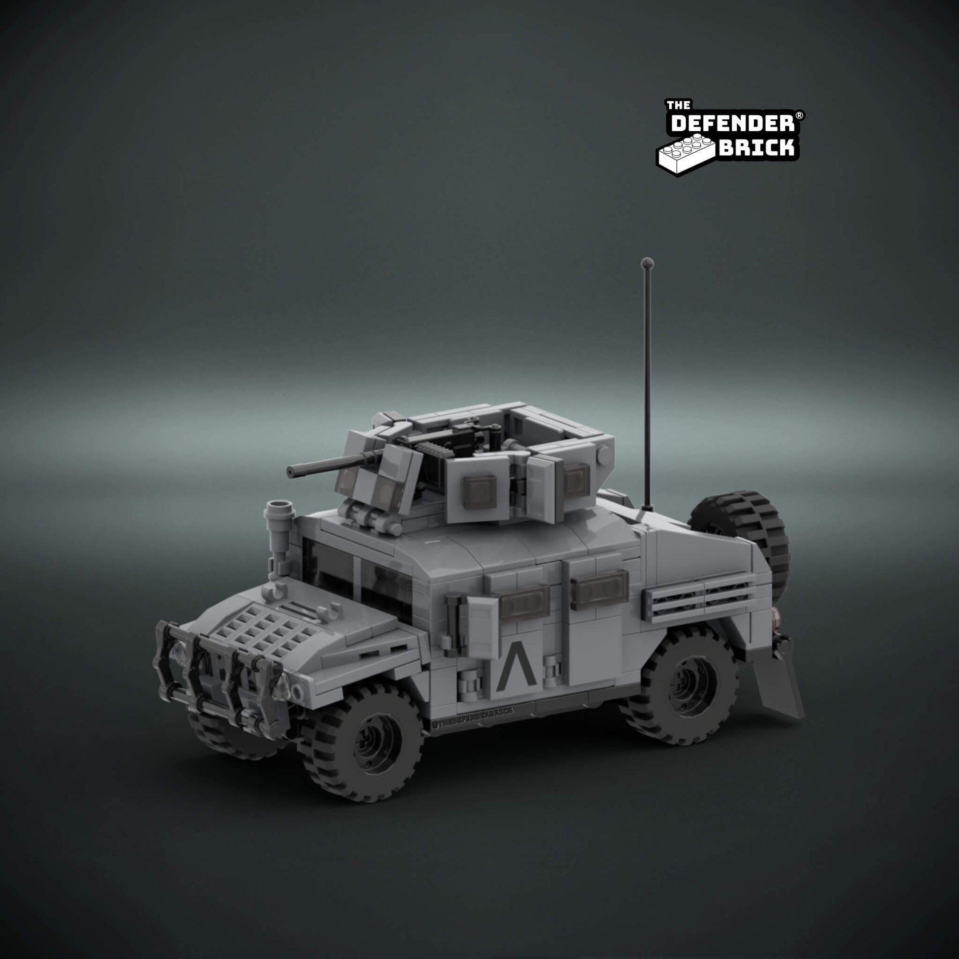 Custom LEGO military Armoured vehicle model on a dark background with custom UV printed parts and 'The Defender Brick' logo.