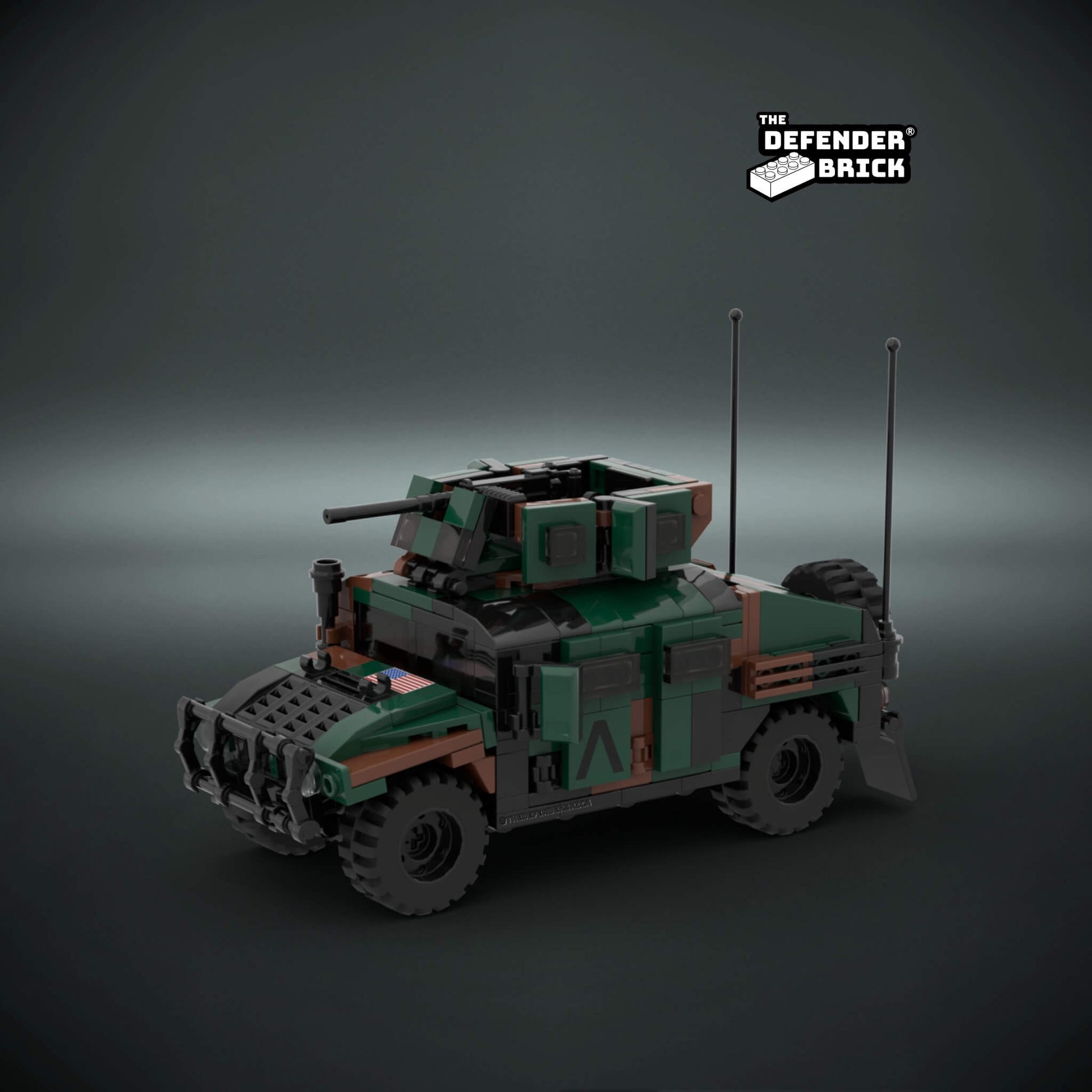 Custom Lego military Armored vehicle model on a dark background with custom UV printed parts and 'The Defender Brick' branding.