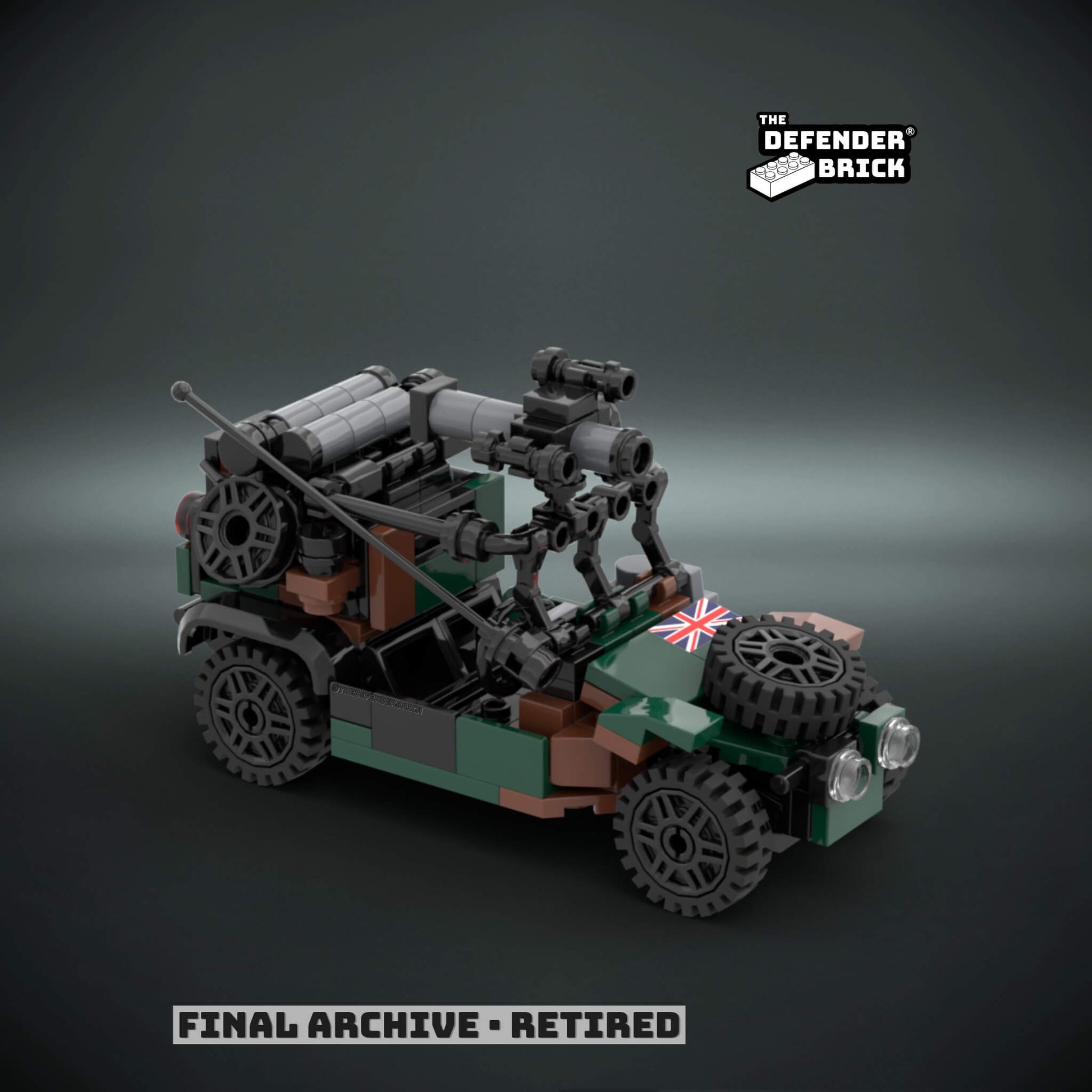 Custom Lego tactical vehicle in Allied camouflage color made of interlocking bricks with a custom UV printed British flag on a dark background, branded 'The Defender Brick'.