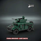 Custom LEGO military Armoured vehicle model in Army green livery on a dark background with Custom UV printed parts and  'The Defender Brick' branding.