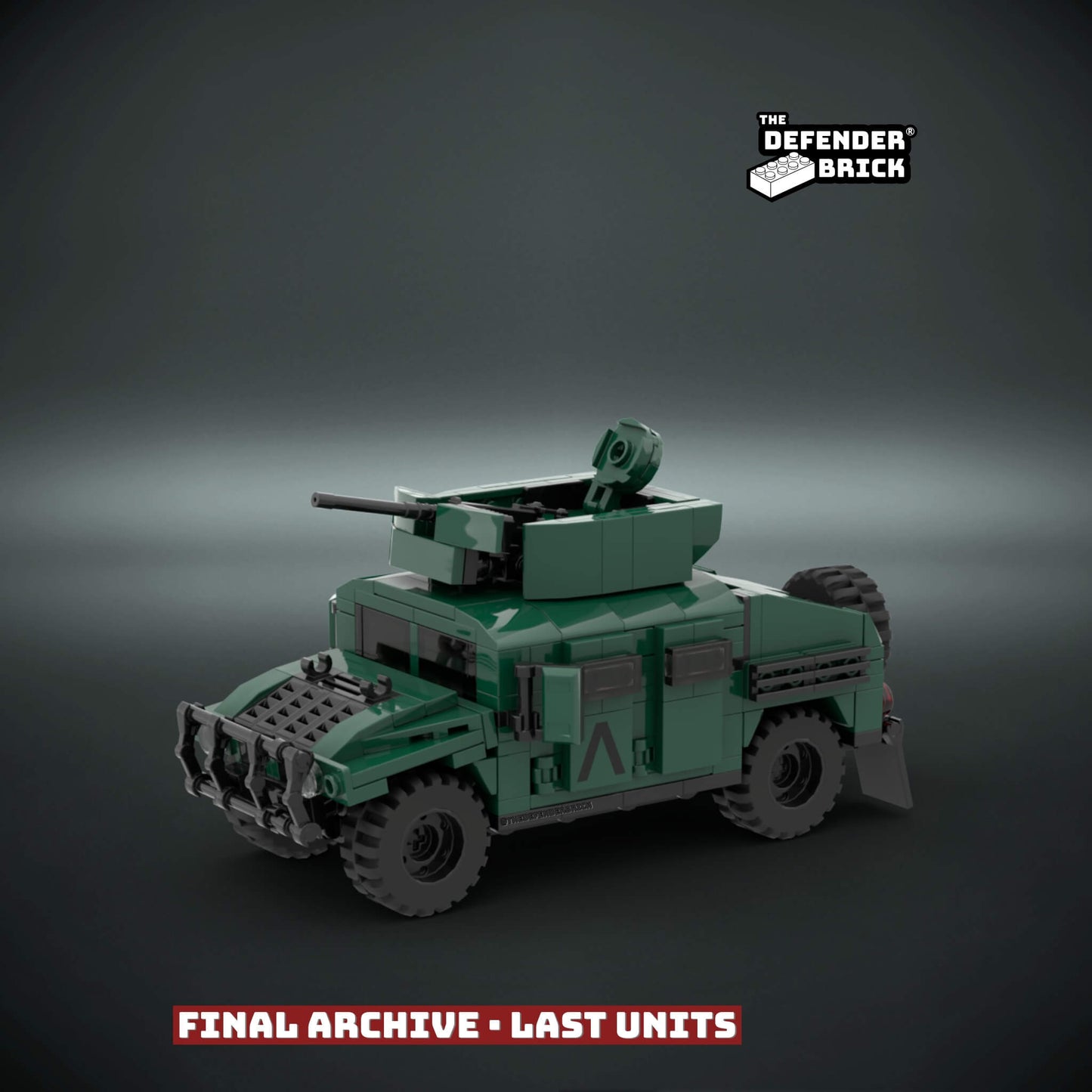 Custom LEGO military Armoured vehicle model in Army green livery on a dark background with Custom UV printed parts and  'The Defender Brick' branding.
