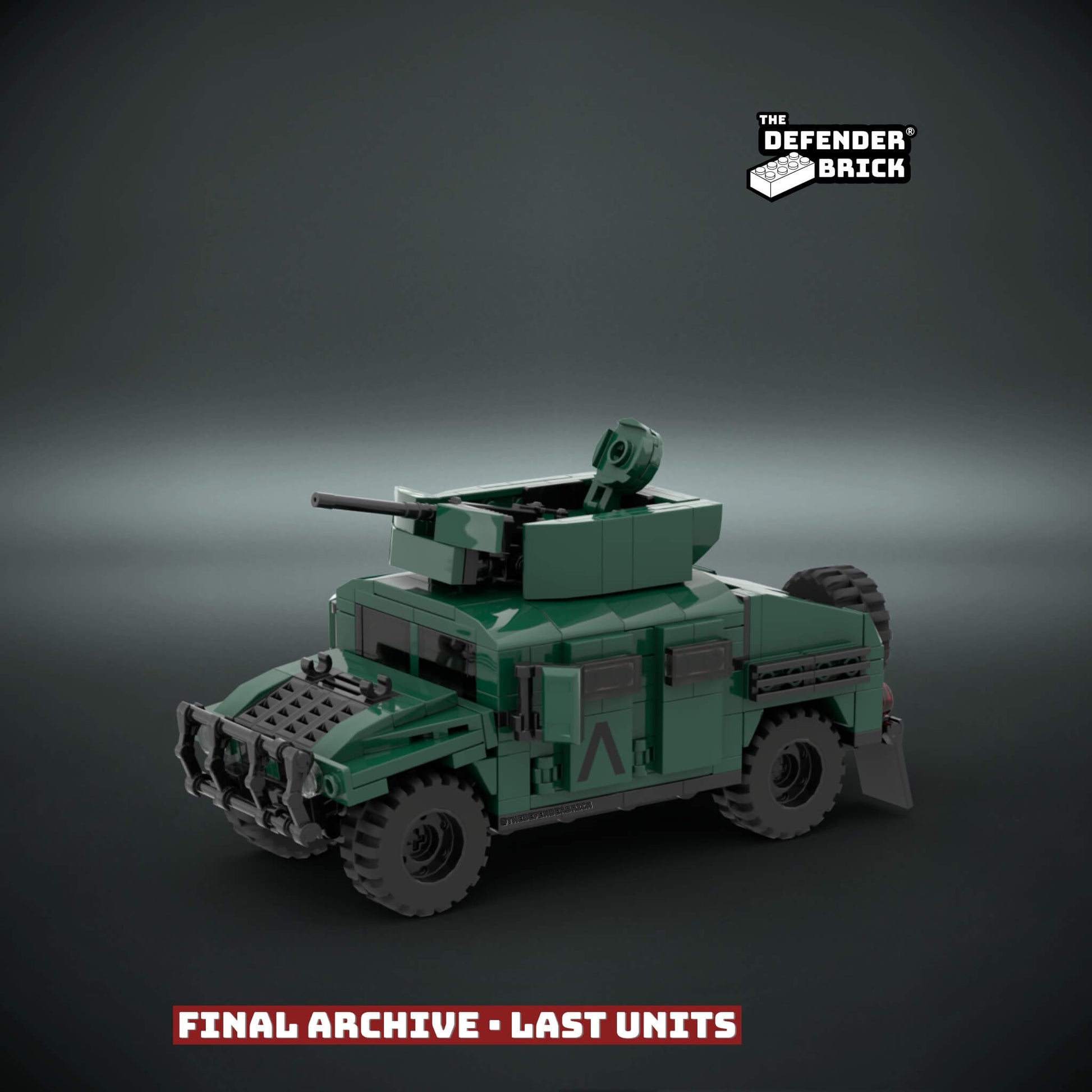 Custom LEGO military Armoured vehicle model in Army green livery on a dark background with Custom UV printed parts and  'The Defender Brick' branding.