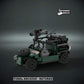 Custom Lego tactical vehicle in Allied green military color made of interlocking bricks with a custom UV printed USA flag on a dark background, branded 'The Defender Brick'.