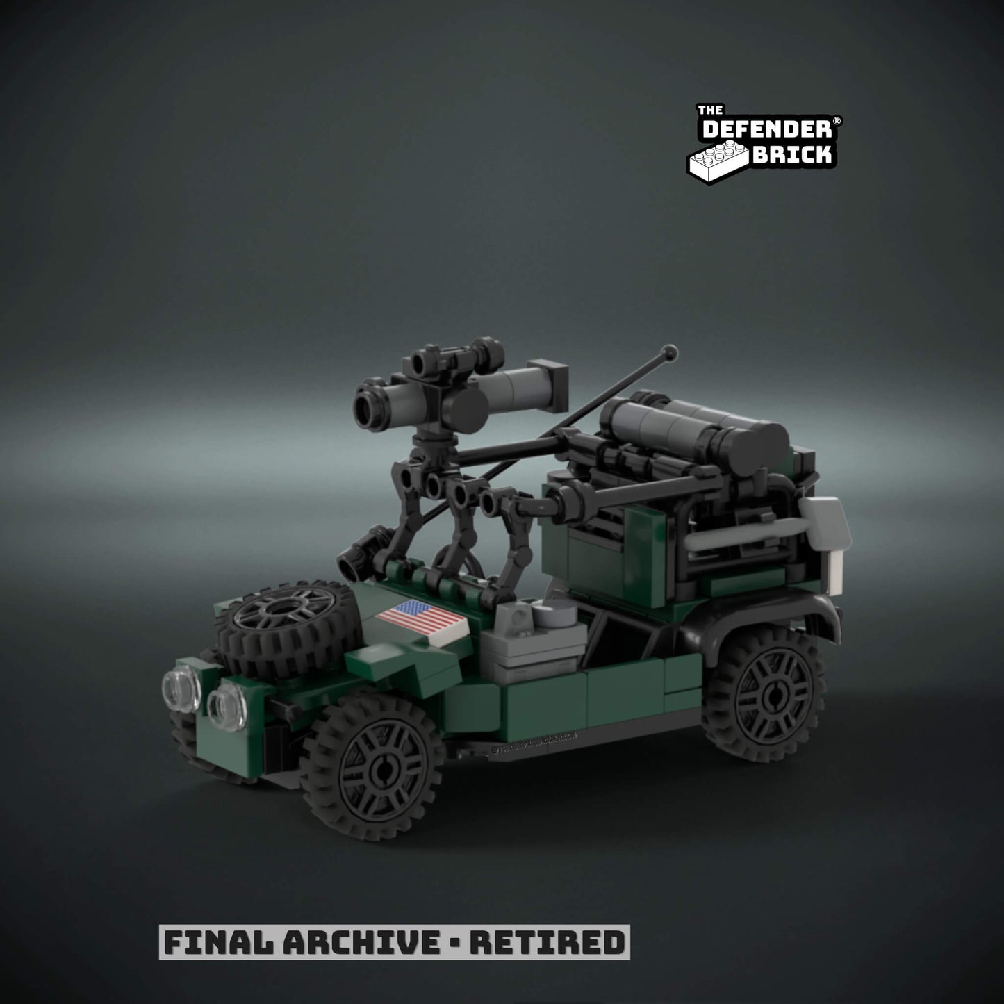 Custom Lego tactical vehicle in Allied green military color made of interlocking bricks with a custom UV printed USA flag on a dark background, branded 'The Defender Brick'.