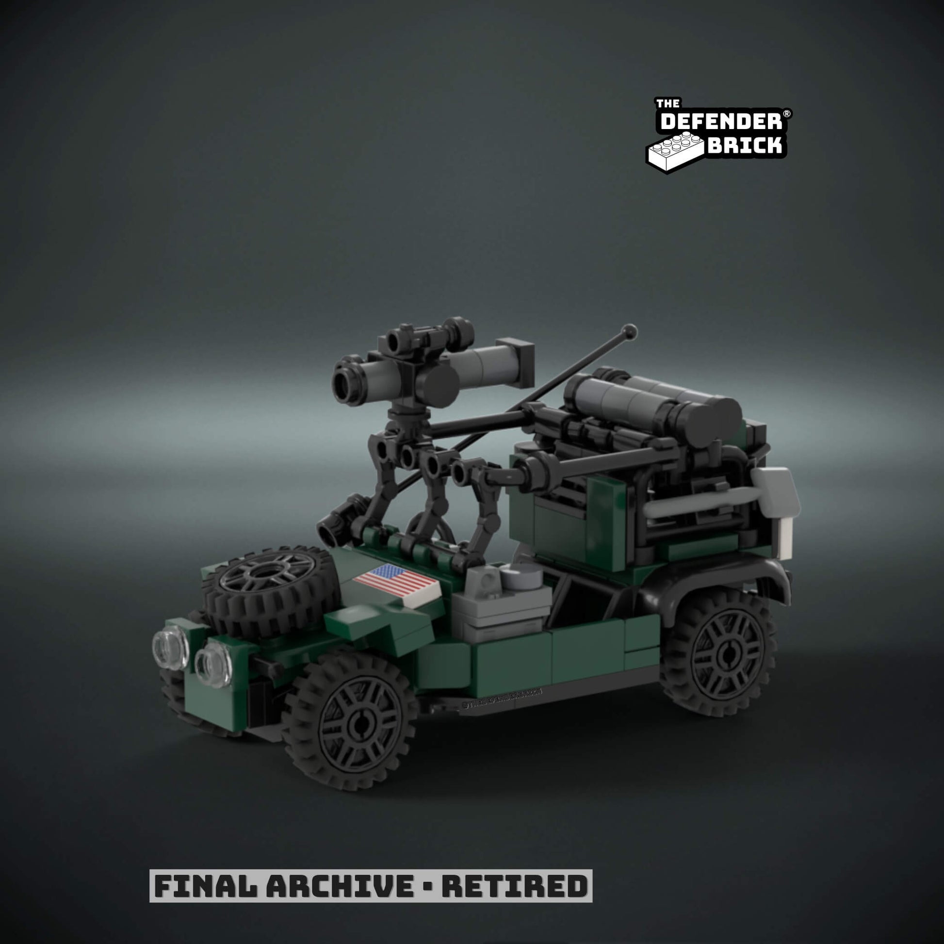Custom Lego tactical vehicle in Allied green military color made of interlocking bricks with a custom UV printed USA flag on a dark background, branded 'The Defender Brick'.