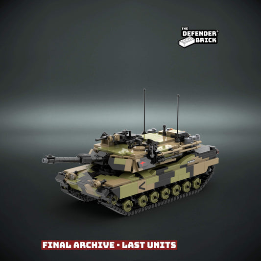Custom LEGO military tank model with australian army camouflage and UV printed parts, on a dark background with 'The Defender Brick' branding.