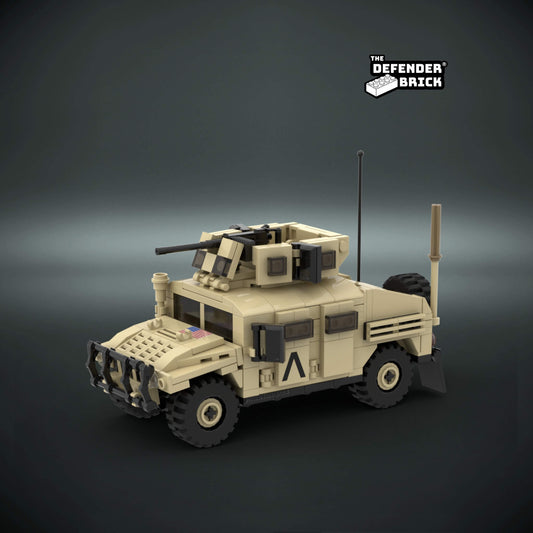 Custom LEGO military Armoured vehicle model on a dark background with custom UV printed parts and 'The Defender Brick' branding.