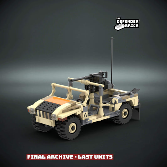 Custom LEGO military recon vehicle model on a dark background with custom accessories, UV printed parts and 'The Defender Brick' branding.