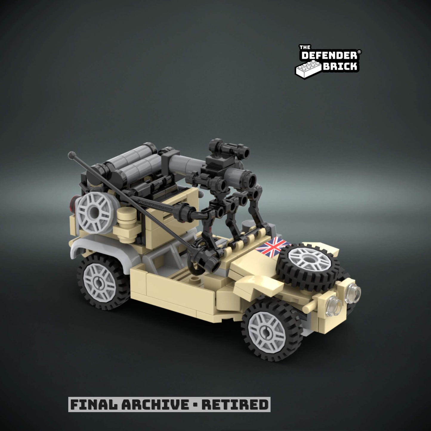 Custom Lego tactical vehicle in Desert tan color made of interlocking bricks with a custom UV printed British flag on a dark background, branded 'The Defender Brick'.
