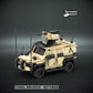 Custom Lego military Armored vehicle model on a dark background with Custom UV printed parts and 'The Defender Brick' branding.