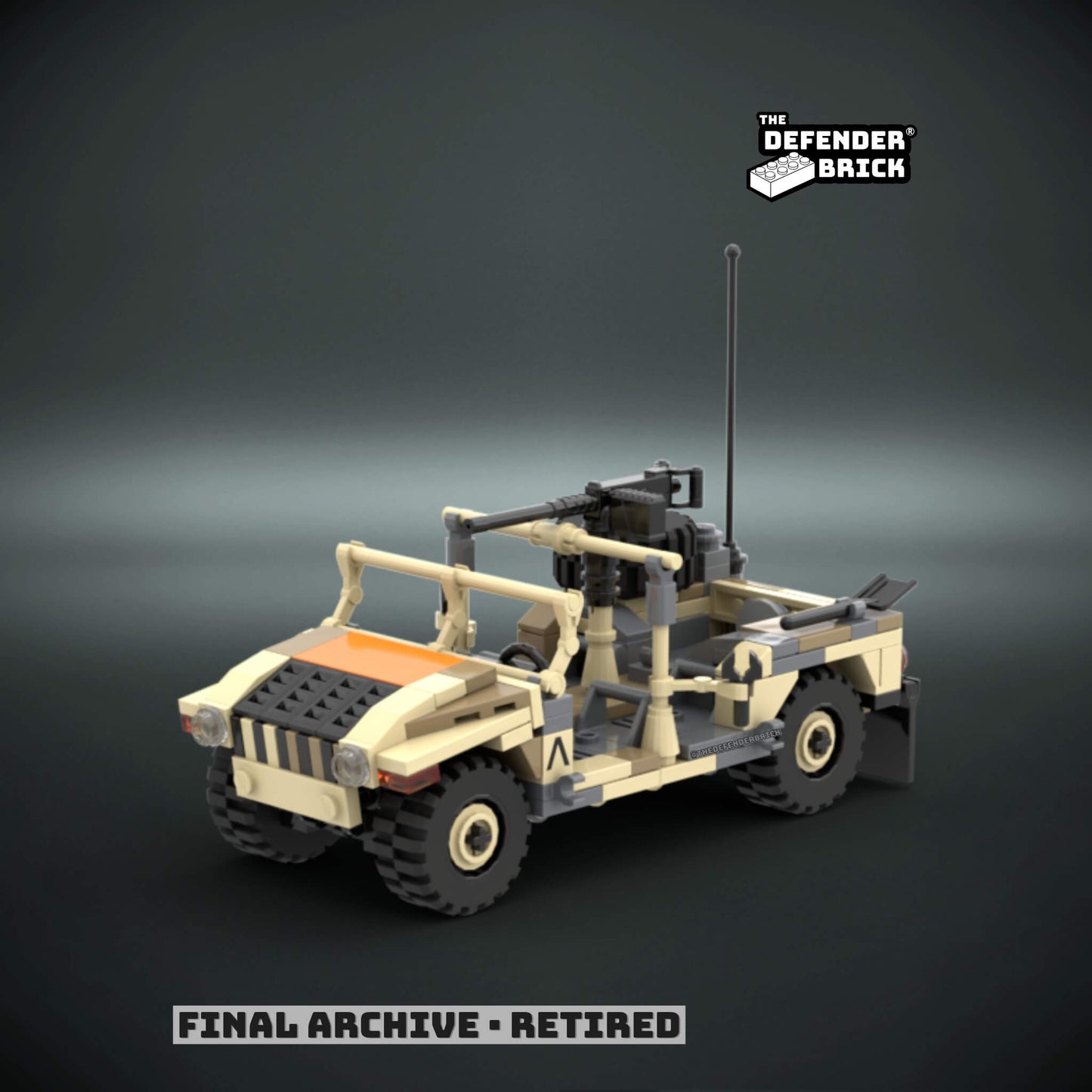 Custom LEGO military recon vehicle model on a dark background with custom accessories, UV printed parts and 'The Defender Brick' branding.