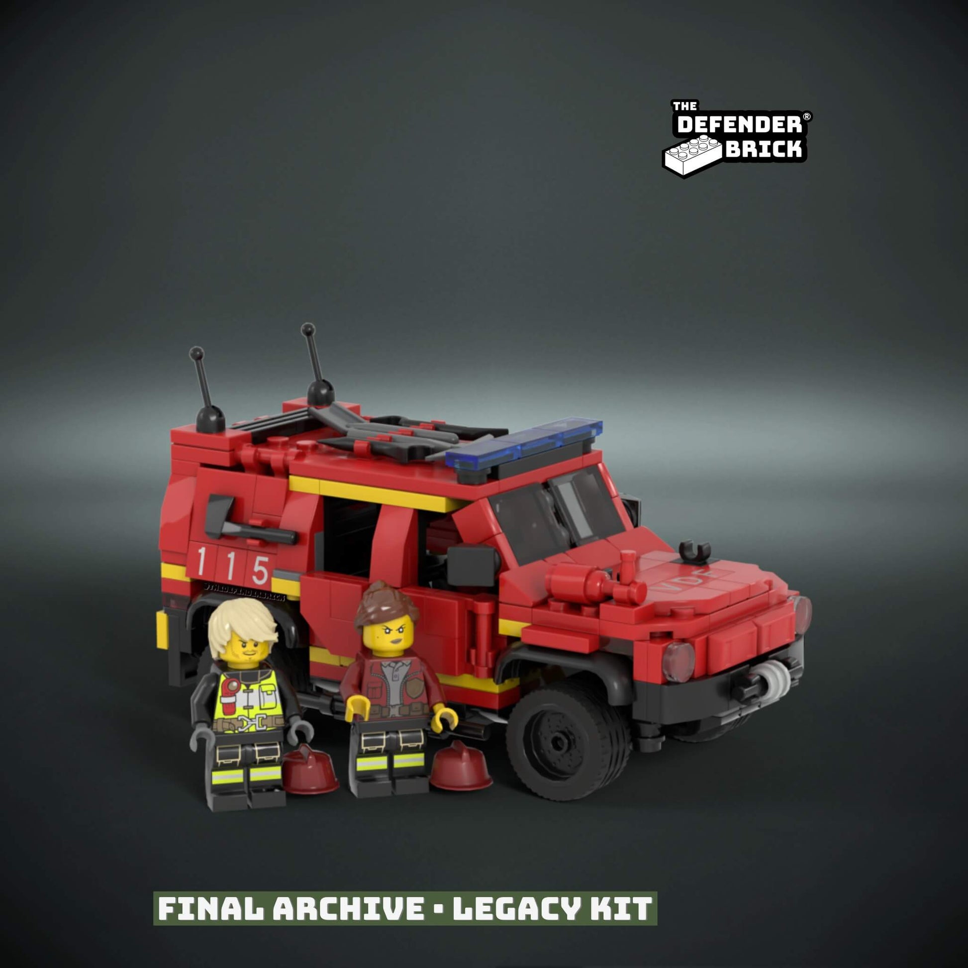 custom Lego Red fire fighters truck with two figures and custom UV printed parts on a dark background, featuring 'The Defender Brick' logo.