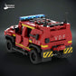 Back view of a custom Lego Red fire fighters truck with custom UV printed parts and detailed accessories on a dark background, featuring 'The Defender Brick' logo.