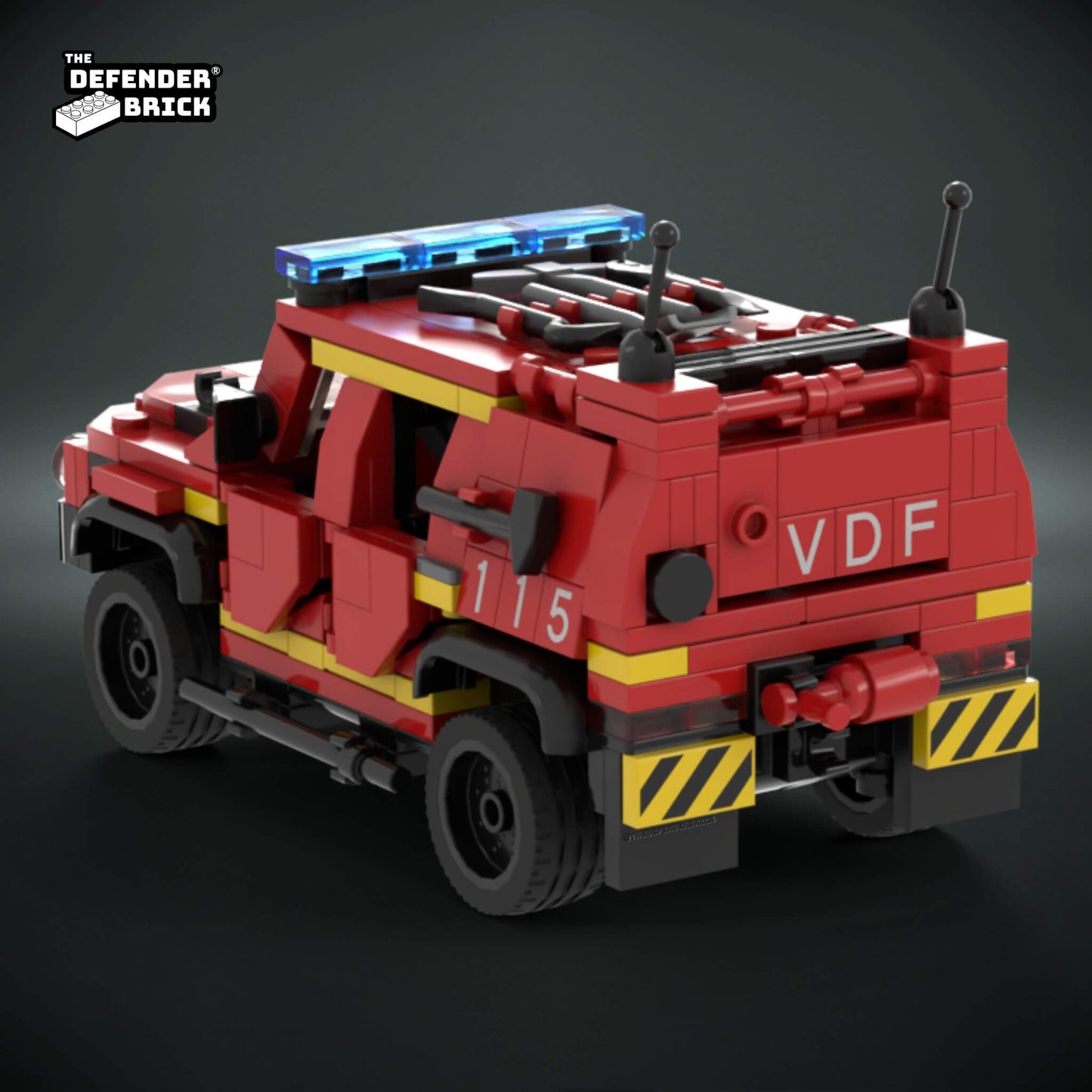 Back view of a custom Lego Red fire fighters truck with custom UV printed parts and detailed accessories on a dark background, featuring 'The Defender Brick' logo.