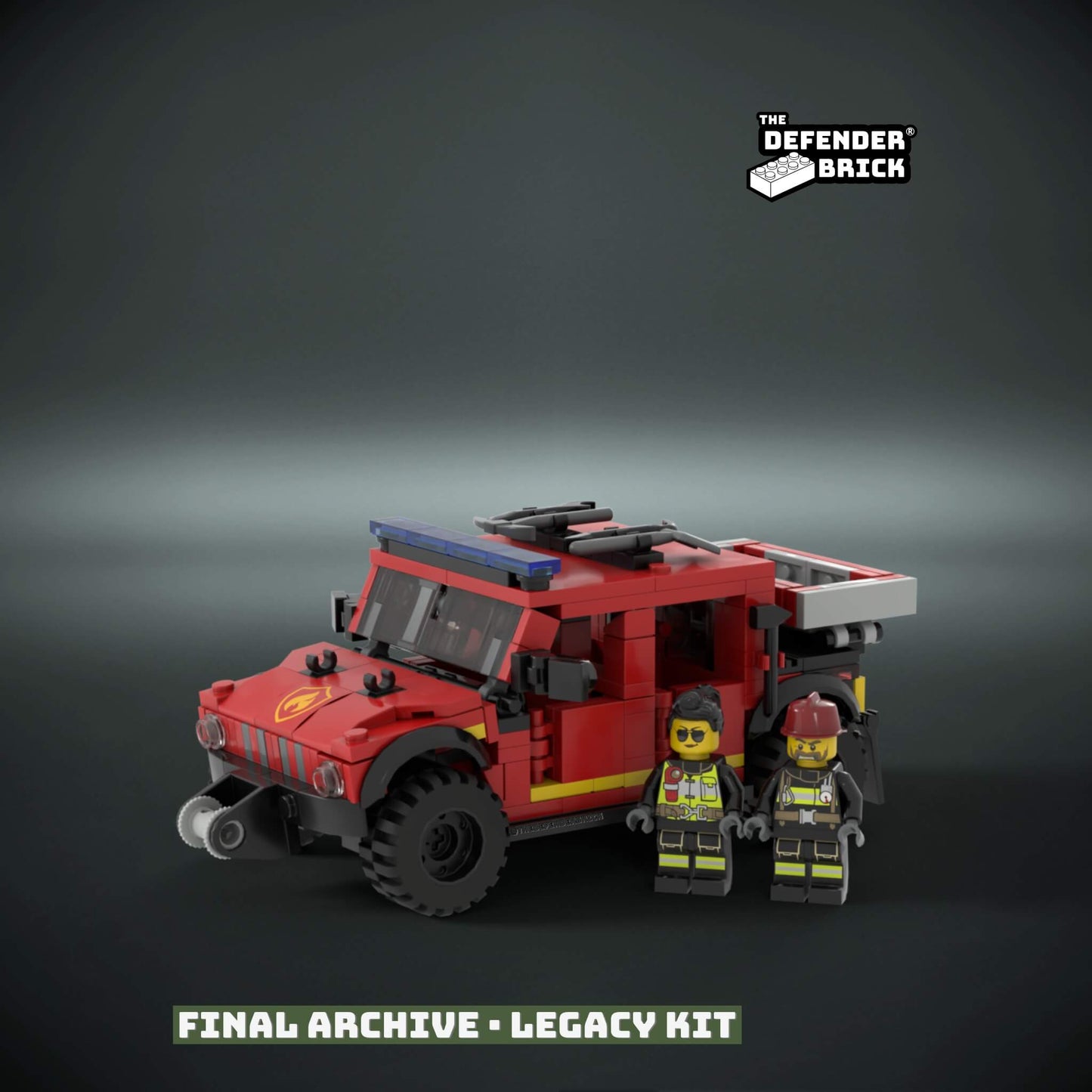 custom Lego Red fire fighters truck with two figures and custom UV printed parts on a dark background, featuring 'The Defender Brick' logo.
